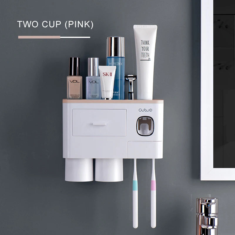 Bathroom Accessories Set Magnetic Adsorption Toothbrush Holder Automatic Toothpaste Dispenser with Cup Wall Mount Storage Rack