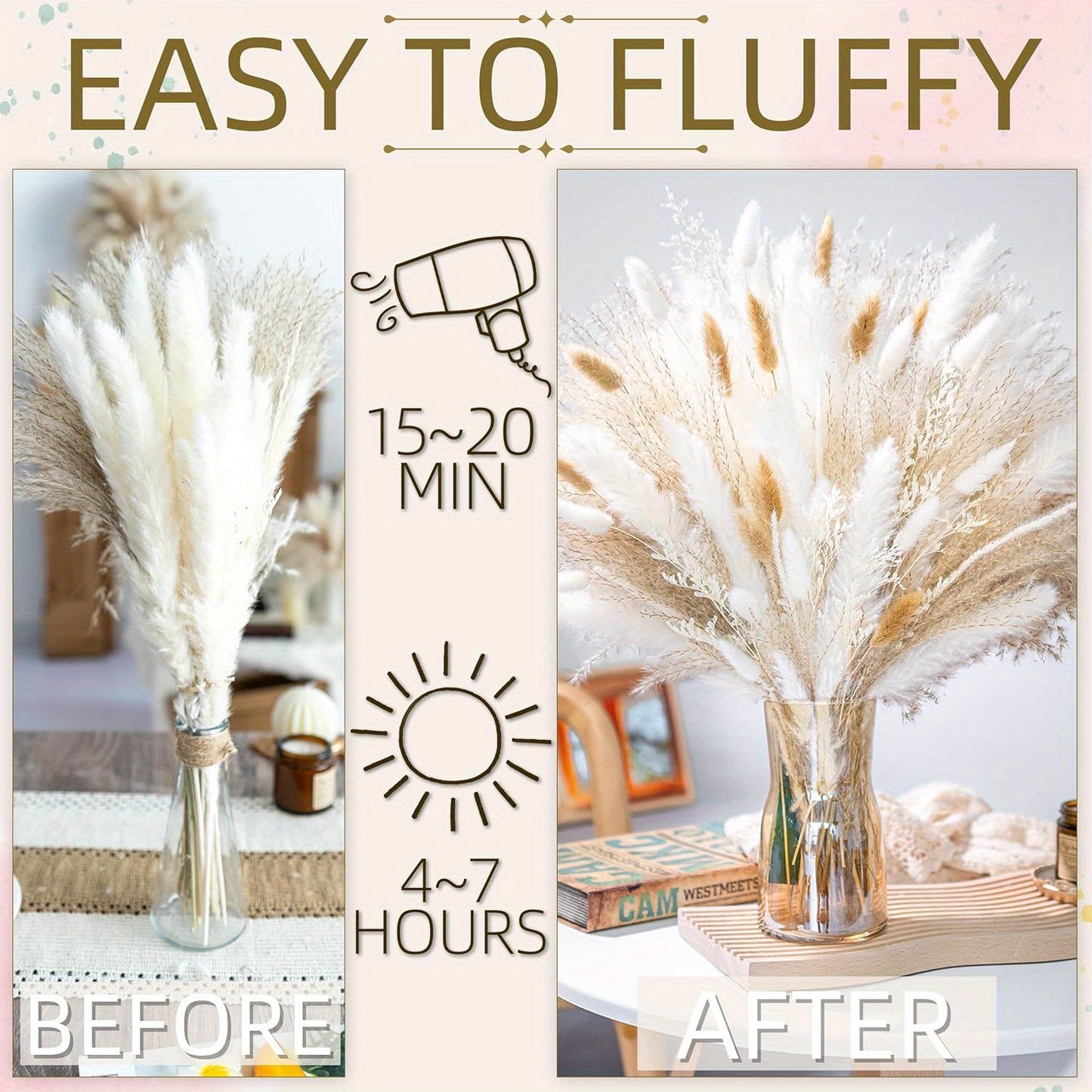 95Pcs Natural Dried Pampas Grass Bouquet for Home Decor Vase Filler Fluffy Dried Fall Pampas for Table Decor Wedding