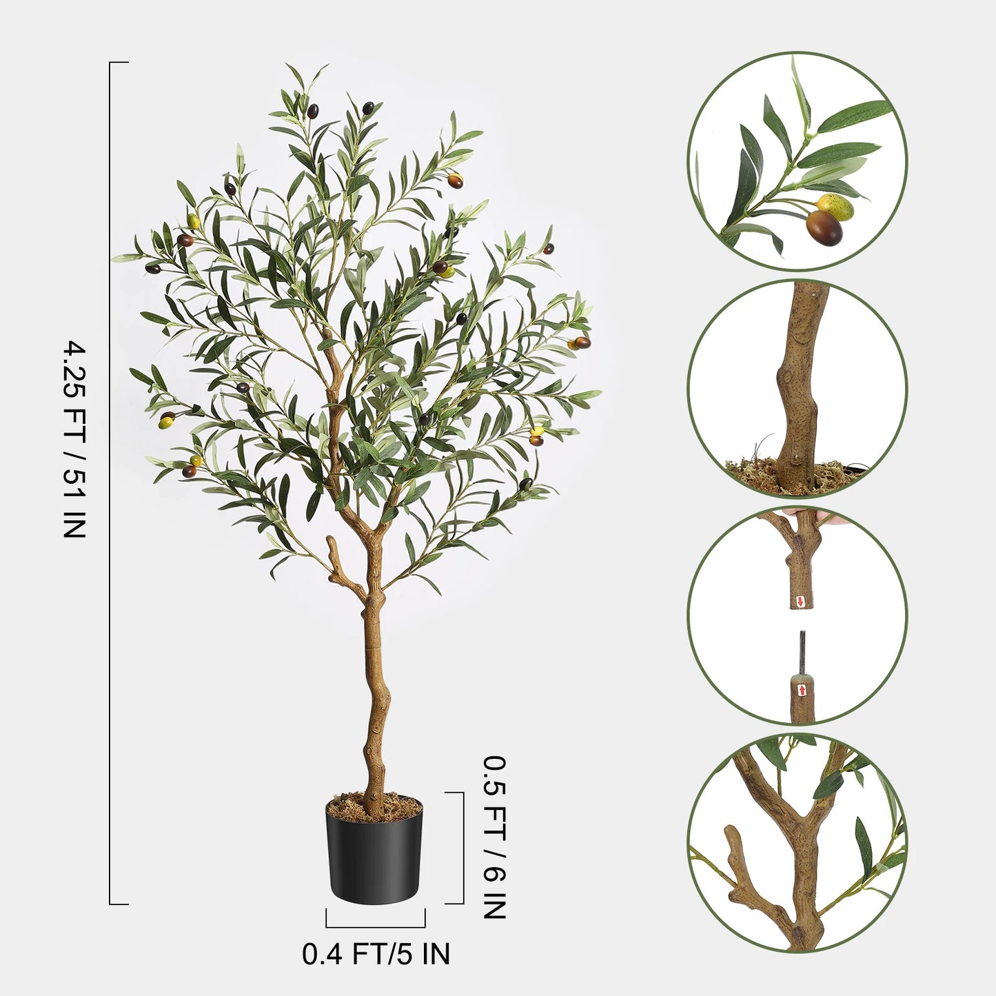 1Pc/2Pcs Artificial Olive Tree 4ft / 5ft / 6ft, Large Artificial Plants Fake Plants in Pot for Home Bedroom Decor