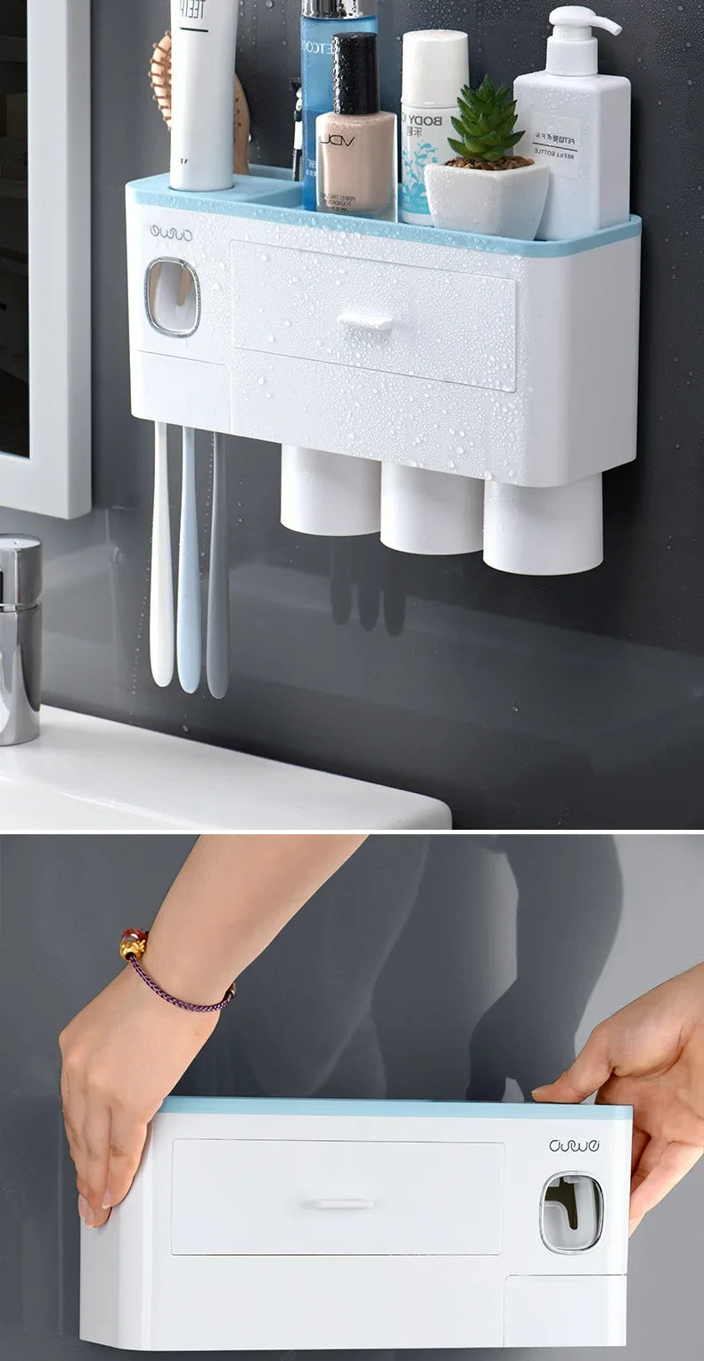 Bathroom Accessories Set Magnetic Adsorption Toothbrush Holder  Automatic Toothpaste Dispenser with Cup Wall Mount Storage Rack