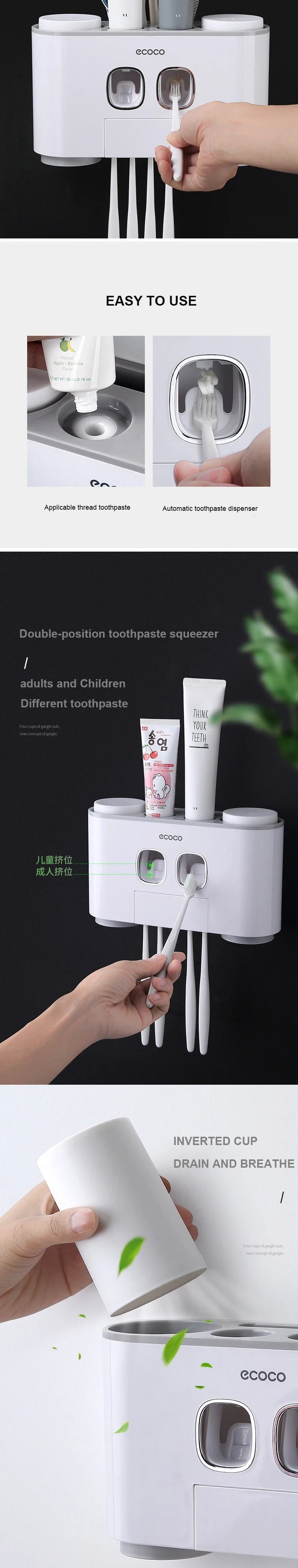 Bathroom Accessories Set Magnetic Adsorption Toothbrush Holder  Automatic Toothpaste Dispenser with Cup Wall Mount Storage Rack