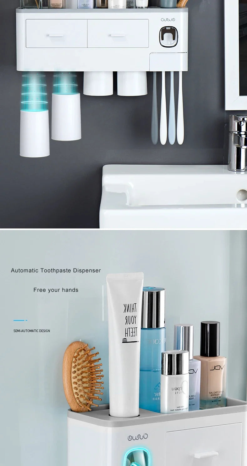 Bathroom Accessories Set Magnetic Adsorption Toothbrush Holder  Automatic Toothpaste Dispenser with Cup Wall Mount Storage Rack