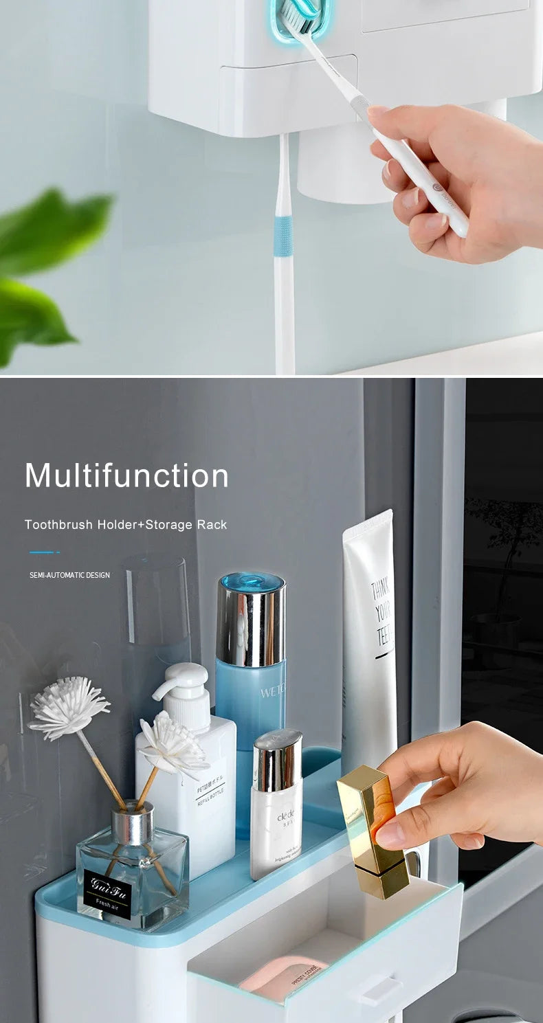 Bathroom Accessories Set Magnetic Adsorption Toothbrush Holder  Automatic Toothpaste Dispenser with Cup Wall Mount Storage Rack