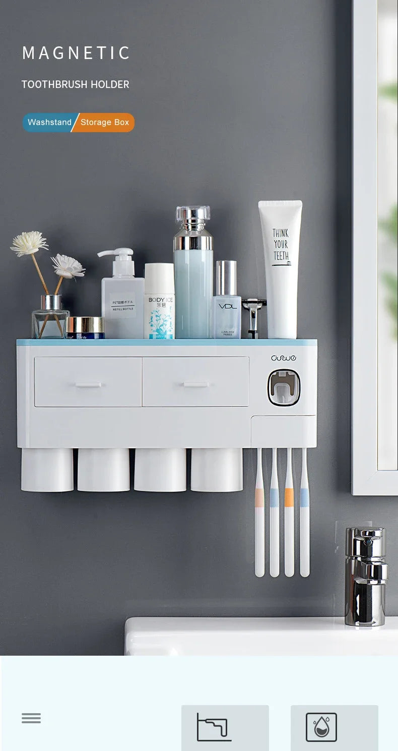 Bathroom Accessories Set Magnetic Adsorption Toothbrush Holder  Automatic Toothpaste Dispenser with Cup Wall Mount Storage Rack
