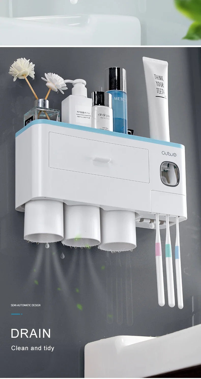 Bathroom Accessories Set Magnetic Adsorption Toothbrush Holder  Automatic Toothpaste Dispenser with Cup Wall Mount Storage Rack
