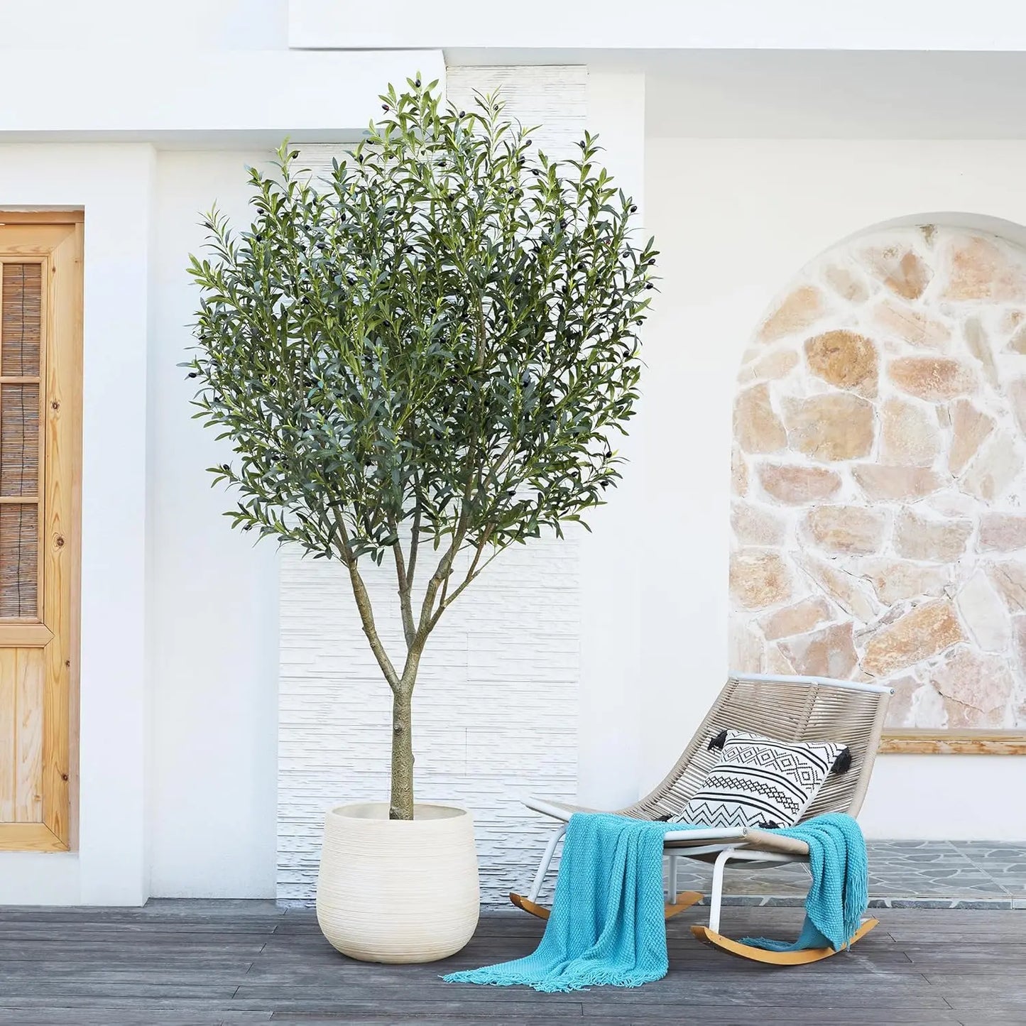 Outdoor Potted Faux Plant with UV Resistant Artificial Olive Tree 8FT - Large Fake Olive Tree Indoor with 4028 Silk Leaves