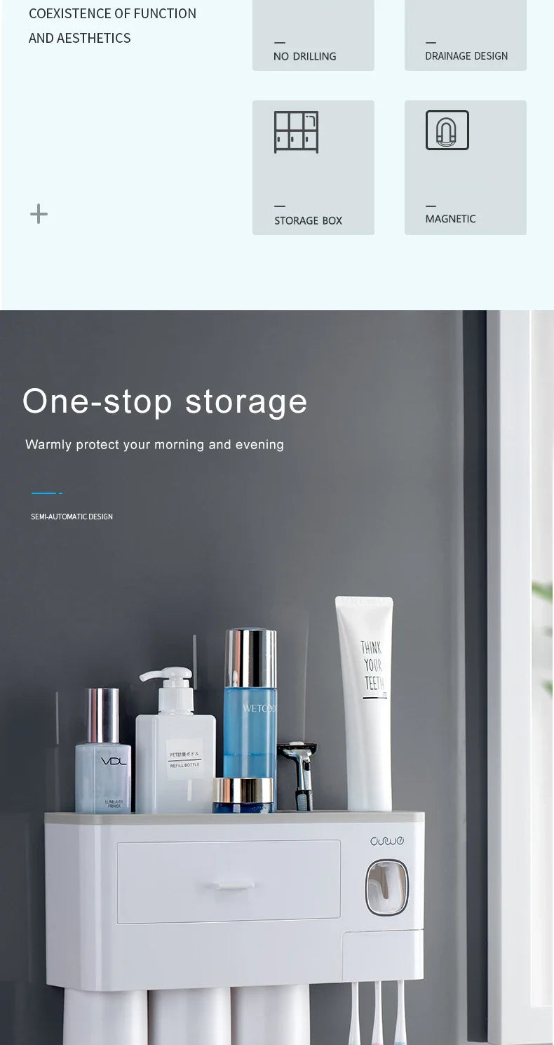 Bathroom Accessories Set Magnetic Adsorption Toothbrush Holder  Automatic Toothpaste Dispenser with Cup Wall Mount Storage Rack